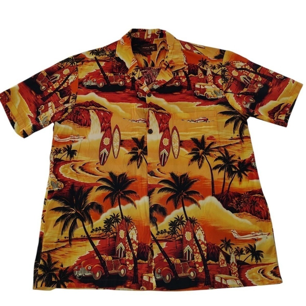 Aloha Mo'i Mens XL Hawaiian Shirt‎ Orange Sunset Woodie Car Surfboard Cotton USA